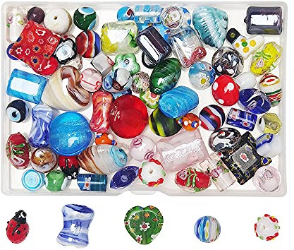 Chenkou Craft 50 pièces mélanger des perles de verre pour la fabrication de bijoux adultes, grand petit en vrac pour l'artisanat artisanat lampe de Murano perle + 1 pc boîte en plastique