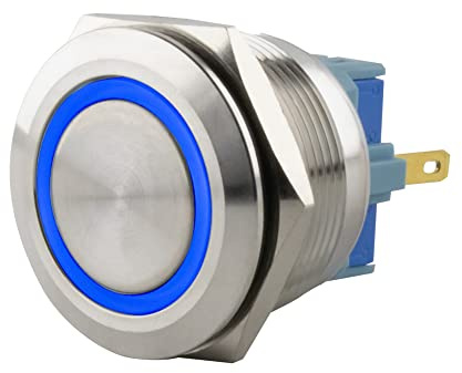 SeKi Pulsador de acero inoxidable, diámetro de 25 mm, forma de cabeza plana, anillo LED iluminado de colores, ojales, conector plano de 0,5 x 2,8 cm, conector de 0,5 x 2,8; pulsador de timbre