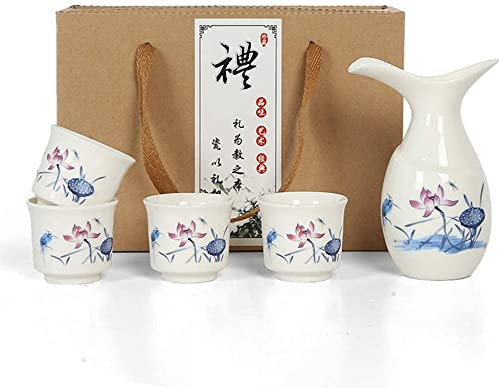 GXBCS Sake Cup Set Japanisches Sake-Set 5-teilige handbemalte Porzellankeramik Traditionelles Keramikhandwerk Weinbecher Sake-Topf, enthält 1 Weinkrug und 4 Weingläser Set mit Geschenkbox 1111