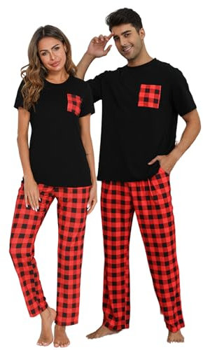 EISHOPEER Pajama Sets Cute Printed Short Sleeve Top and Long Pants Sleepwear for Men and Women Soft Pjs Sets, B - Rotes Plaid-Frauen, L