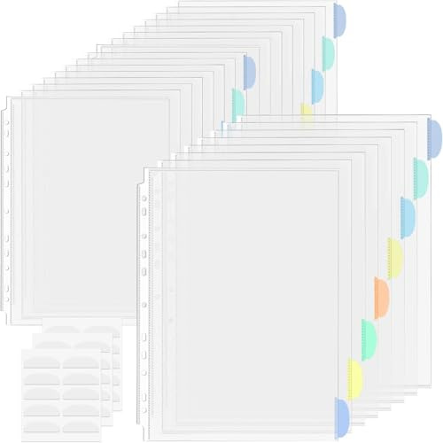 24 Pack A4 Plastic Sleeves Binder Separators with Tabs Binder Pocket 11 Holes Tabs Divider Binder Folders for 2/3/4 Ring Document Pouch Transparent for School Home Office