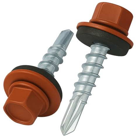 Tornillos para Techo 4.8 mm x 25 mm Autoperforantes Cabeza Hexagonal Color (RAL 8004 Pardo Cobre) con Arandela EPDM Tornillos Zincados Antióxido Rosca Gruesa para Exterior (50 pcs)