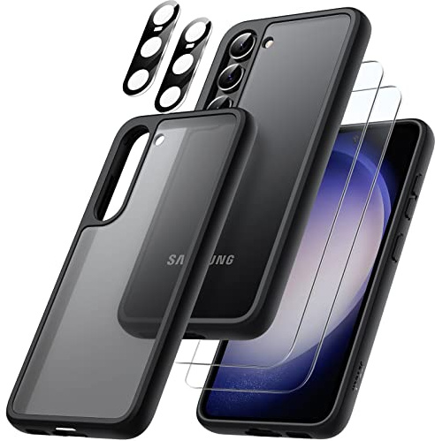 JETech 5 in 1 Matte Case for Samsung Galaxy S23+/ S23 Plus 6.6-Inch with 2 Screen Protector and 2 Camera Lens Protector, Translucent Back Protective Phone Cover, Tempered Glass Film (Black)