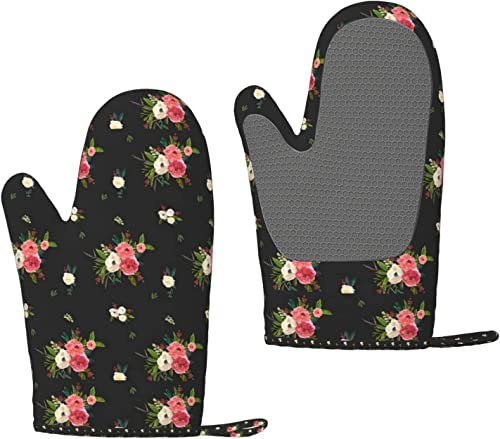 Gants de Four Winter Breeze Florals Gants de Four en Silicone Noir Gants de Cuisine antidérapants, Gants de Cuisson résistants à la Chaleur Une Paire