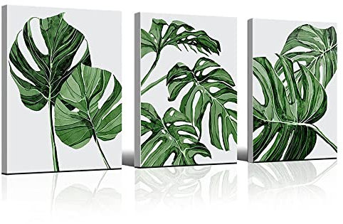 3 Stück Leinwand Bilder Pflanzen Wandbilder Wohnzimmer ,Moderne Poster Set Wohnzimmer,Inspirierende Zitate Wandbild,Grüne Pflanzen Bild, Aquarell Grüne Blätt Bilder für Schlafzimmer Deko,Ohne Rahmen