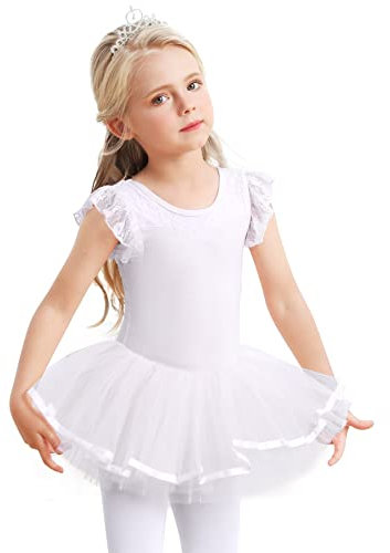 Mädchen Ballettkleidung Ballettkleid Baumwolle Tanzkleid Tutu Ballett Tütü Kinder Balletttrikot mit Rock Ballerina Kleid Weiß 5-7 Jahre