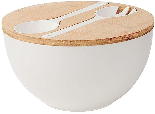 ECOHAGOU 11.3 Extra Large Salad Serving Bowl Set with Wooden Lid&Utensils, 6.5Qt., Bamboo Fiber Salad Bowl with Servers for Kitchen, Lightweight Big Bowl for Mixing Salad,Fruit,Pasta - Matte White