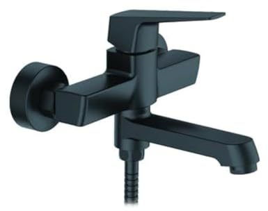 Ibergrif M13107B Grifo para bañera y ducha, Con alcachofa, manguera y soporte, Negro