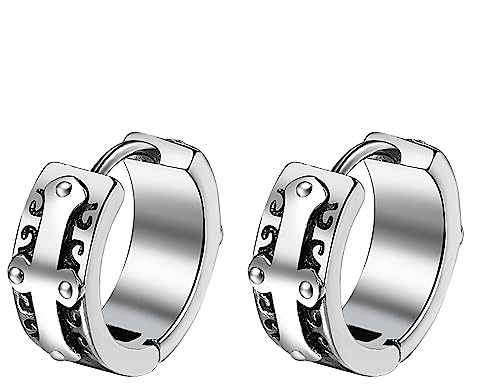 Flongo 4 Paare Damen Creolen Ohrringe Wikinger silber Huggie Ohrstecker Edelstahl mit Kreuz Cross Hoop Gothic Ohrschmuck punk earrings für Herren Frauen Mädchen Weihnachten