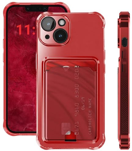 ELEVAVIDA Coque pour iPhone 14 rouge transparente avec porte-cartes et protection de caméra - coins antichoc, étui de protection pour Apple iPhone 14, étui mince