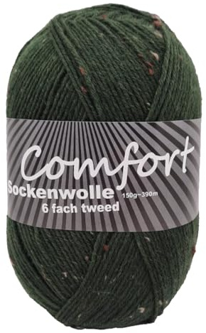 6-fädige Sockenwolle Strumpfwolle -150gr Knaul- 375m Lauflänge - dicke Wolle für besonders warme Socken – grosse Farbauswahl (Tweed grün)