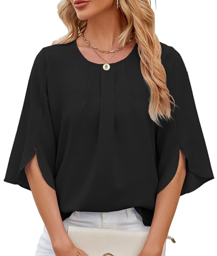 Chemisier Femme Chic et Élégant Top à Manches Courtes Blouse en Mousseline à Col Rond Plissé Tunique à Manches 3/4 Fendues Haut pour Bureau Fête