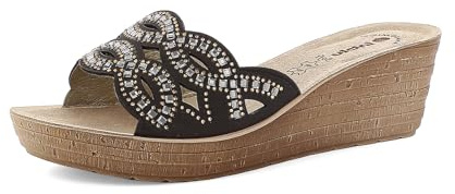 Ciabatte Donna a Fascia con Zeppa e Strass, Plantare in Vera Pelle, Nero, 39