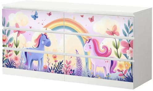Möbelfolie Einhorn Märchen passend für Ikea Malm Kommode XL 6 Schubladen | Selbstklebende Schrankfolie für glatte Schubladenfronten Klebefolie Kinderzimmer Schlafzimmer DIY Upcycling XL 6 Schubladen