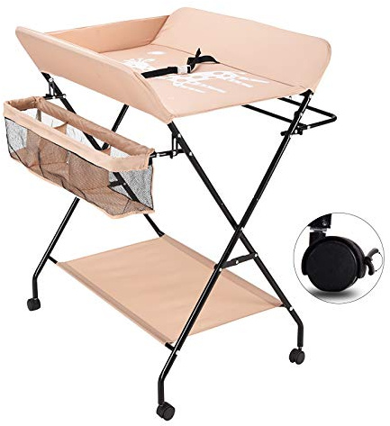 Klappbare Baby Wickelkommode, Wickeltisch mit Ablageflächern, Kissen mit Höhenskala, Breiter Wickeltisch 31.5 * 24.8 Zoll,Sicherheitsgurt und Ablagefächern und Höhenlineal (Khaki Mit Rädern)