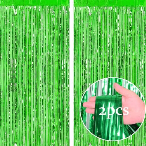 Yowlens Tinsel Curtain - 2pcs 3.2ft x 6.5ft Tinsel Curtains Pastel Foils Fringe Party Decoration Background Door Curtains Hanging Streamers for Birthday Child School Party (Green)