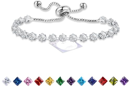 Tennis April Bracelets for Women, Sterling Silver Friendship Bracelet, Silver Crystal Birthstone Bracelet for Women, Adjustable Diamond Bracelets Ladies Gifts Birthday Ladies Jewellery Sister Gifts