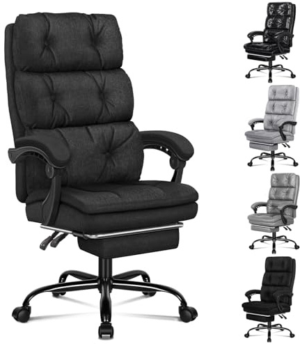 ALFORDSON Grande Chaise de Bureau, Chaise de Bureau à Double Couche, Inclinable à 150° et Pivotante à 360°, Chaise de Travail Pivotante à Haut Dossier avec Repose-Pieds, Tissu Lin, Noir