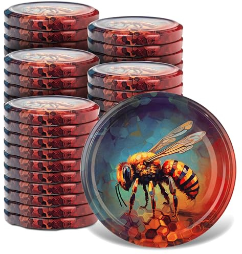 KADAX Screw Caps Fi82mmx50 Pcs Twist Off Lid Set Metal Spare Lid for Canning Jars Lid with 6 Snap Teeth for Fall Jars & Preserving Jars (Honey Bee, 50 Pieces)