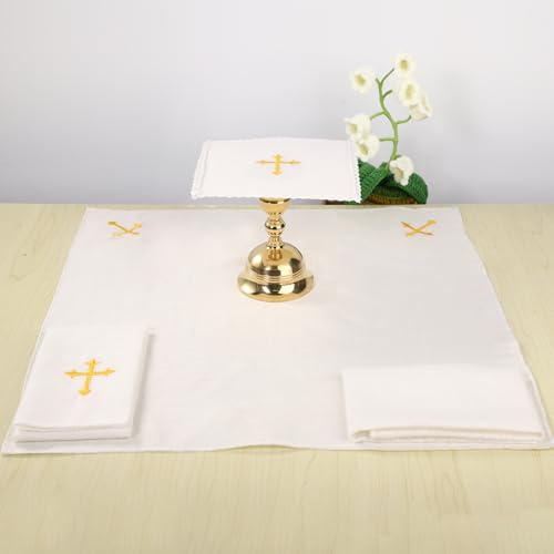 TALPGOD 4 Pack Altar Supplies Linen Corporal for Churches Set(Pall,Corporal,Purificator,Towel),White Linen Altar Cloth Gold Cross Embroidery,Mass Kit Catholic for Priest