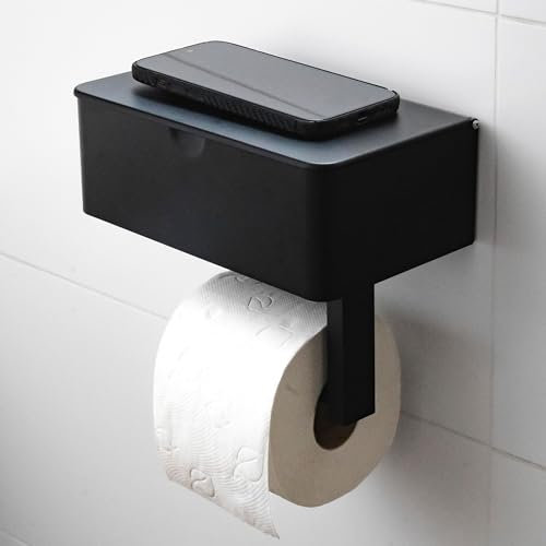 ELMOWO - Premium Toilettenpapierhalter ohne Bohren selbstklebend inkl. Spezialkleber (extrem sicherer Halt) Klopapierhalter mit Fach/Box für Feuchttücher - Klopapier-Halterung mit Ablage (schwarz)