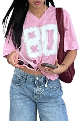 Acrawnni Women Y2k Oversized Jersey Shirt Number Graphic V Neck Short Sleeve Jersey T-Shirt Blokecore Aesthetic Vintage 90S Streetwear (A-Pink, S)