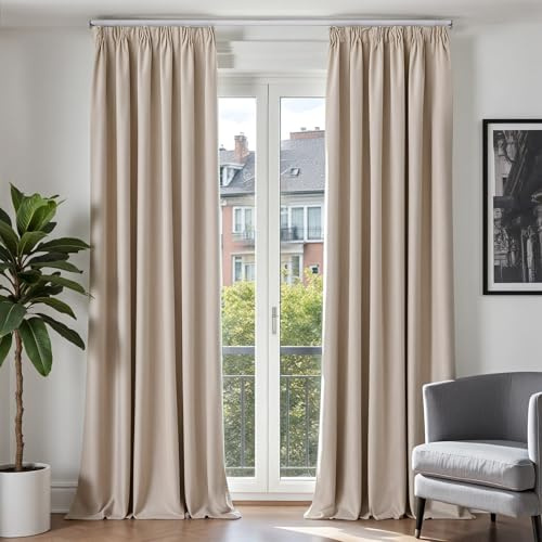 TOPICK 100% Verdunklungsvorhänge Gardinen mit Kräuselband, H245xB140 cm Vorhänge Wohnzimmer Schlafzimmer modern Thermovorhang Blackout Curtains Blickdicht Leinenoptik Landhausstil 2er Set Beige