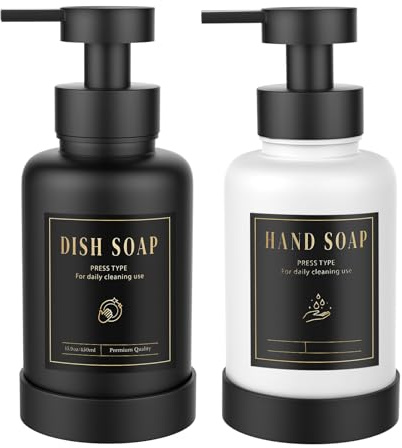 Luxspire Schaumseifenspender, Glasschaum-Pumpseifenspender, Rutschfester Handseifenspender mit 5 wasserfesten Etiketten, 450ml/15oz nachfüllbarer Flüssigseifenspender Bad Küche, Schwarz+Weiß, 2 Stück