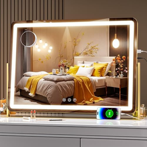 Hasipu Schminkspiegel mit Licht, Spiegel mit Beleuchtung, LED Kosmetikspiegel mit 10x Vergrößerung und USB-Ladeanschluss, 3 Farbtemperatur Licht, Smart Touch, 75L x 54B cm Rund Gold