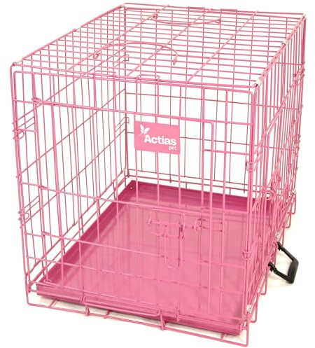Actiaspet - Foldable Metal Dog Cage with Removable Tray (Pink, 42 Inch)