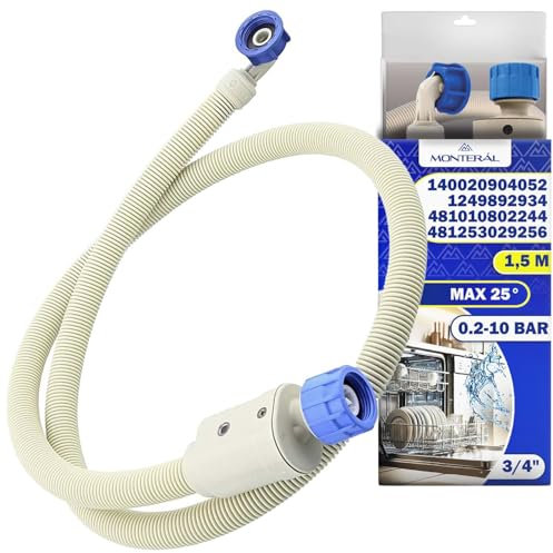 Aquastop Manguera Lavadora y Lavavajillas 1,5 m con Válvula de Seguridad Recta y Acodada Ø 3/4 para Entrada de Agua Max 25°C - Garantía de 10 Años - MONTERAL