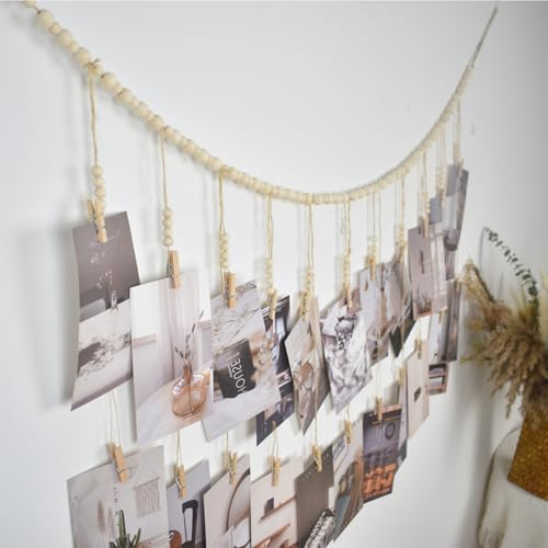 Fotoseil mit Holzklammern, Hängende Foto-Display Boho Wand Dekor,DIY Bilderrahmen Wanddekoration, Schlafzimmer Hängende Kartenhalter,für die Heimdekoration,Ideal zum Aufhängen von Postkarten,Souvenirs