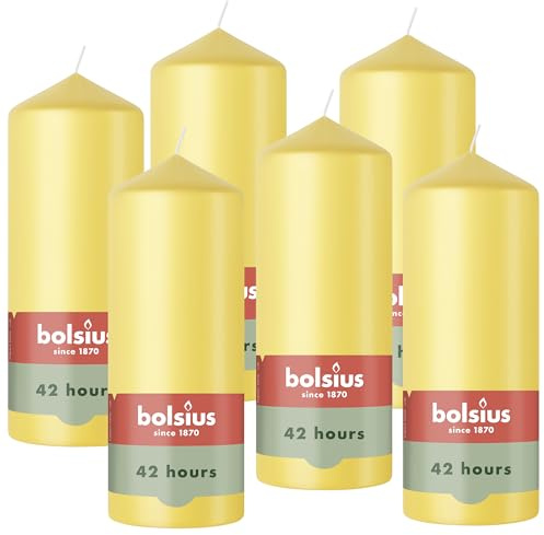 Bolsius - Essentials - Bougie Pilier - Jaune Frais - 15cm - 6 Pièces - Bougie Décorative - Contient Cire Végétale Naturelle - sans Huile de Palme