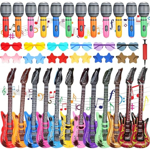 36 Pcs Inflatable Instruments Party Props Set, Include 12 Inflatable Rock Star Guitars 12 Inflatable Microphones 12 Colorful Sunglasses for 80s 90s Themed Disco Party Photo Booth Decorations