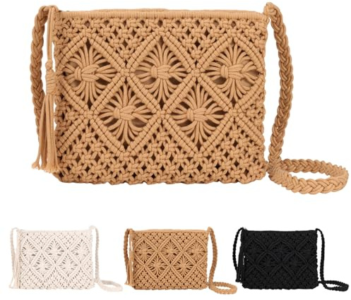 Sahunfri Strohtasche Damen Sommer, Vintage Geflochtene Umhängetasche mit Quaste, Gewebte Stroh Handtasche für Strand, Reise-Clutch