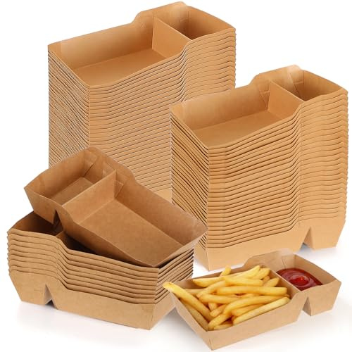 100 Pack Food Serving Tray 2 Compartment Disposable Nacho Boat Tray Grease Resistant Heavy Duty Paperboard Take Out Fast Food Snack Holder Container for Party