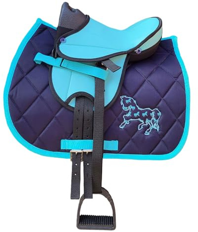 Brama West Kinder Shetty Sattel Set „My Happy Pony“ | Sattel für Shetty Pony Holzpferd | mit Satteldecke, Sattelgurt, Steigbügel & Steigbügelriemen | Türkis Edition