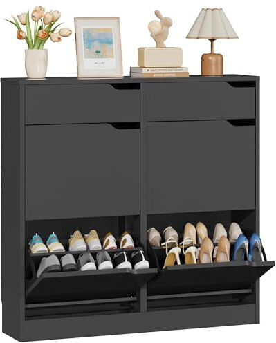 IRONCK Schuhschrank mit 4 Klappen, Schuhkipper Schmal mit 2 Schubladen, freistehendes Schuhregal, Schuhkommode mit verstellbaren Trennwände, Schuhablage Schrank für Flur Eingang, Wohnzimmer (Schwarz)