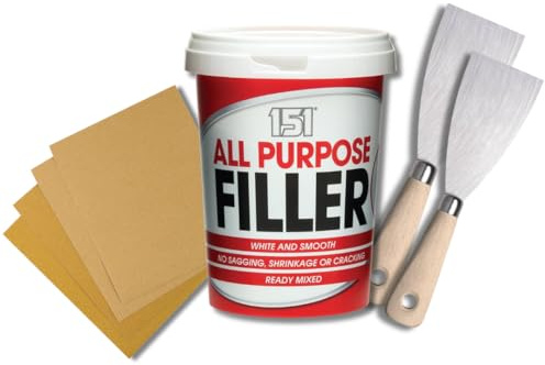 All Purpose Filler 600g White Set – Ready Mixed Filler for Walls with 2 & 3 Metal Filling Tools and 4 Sandpapers (2 Fine, 2 Coarse) – All Purpose Wall Repair Kit for Plaster, Wood & Drywall