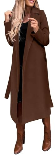 Generisch Wintermantel Damen Lang Mantel Warm Elegant Damen-Mäntel Mit Gürtel Übergangsmantel Einfarbig Revers Wintercoat Jacke Ohne Kapuze Winterjacke Winddicht Wollmantel Reverskragen Langer Winter