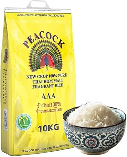 Peacock Thai Hom Mali Jasmine Rice AAA 100% Pure New-Crop, Fragrant Long-Grain, Soft & Fluffy Texture, Authentic Product of Thailand, 10 kg Bag (Pack of 1) (Pack of 1)