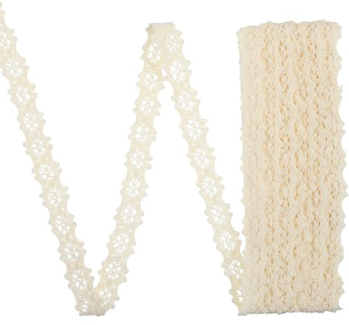 LIQWEI 9M Vintage Spitzenband, 1cm Breit Spitzenborte Schleifenband Beige | Baumwolle Dekoband Zierband Weißes Band für Geschenkverpackung Valentinstag Basteln Hochzeit DIY Nähen Handwerk