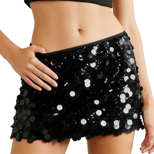 LEHEEYWT Sequin Skirt for Women, Black Sliver Mini Sparkly Skirt, Party Dresses for Women Outfit Dance Party Night Out Party (UK, Alpha, One Size, Regular, Regular, L, Black)
