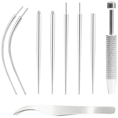 AYHYHLJZJ 16G/18G Piercing Konuseinführer, 9-teiliges Edelstahl Piercing Set mit Piercing Zange, Wechselhilfe Nadel, Kugel Aufdreher Grabber für Ohr, Nase, Lippe, Bauch, Zunge und Körperpiercing