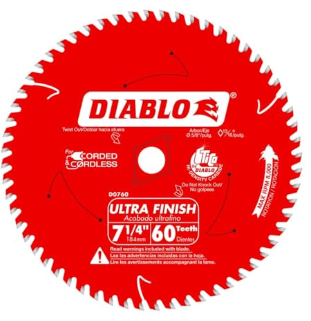 Diablo Ultra Finish Carbide Saw Blade for Wood - 7-1/4 Diameter, 60 ATB Teeth, 5/8 Arbor, .059 Kerf, 10° Hook Angle, .040 Plate, 8000 Max RPM - D0760A