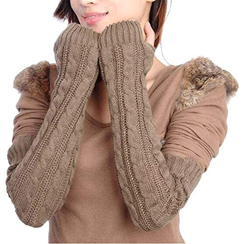 Butterme Gants en laine pour femme - Extra longs - Extensibles - Pour l'hiver - En tricot chaud - Marron - One Size