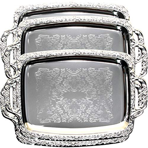 Maro Megastore (Pack of 4) Oblong Elegant Floral Engraved Serving Tray Chrome Plated Steel Plate Platter Wedding Birthday Party Food Buffet Decor Shiny Silver Color (17.5 x 10.3 with Handles)