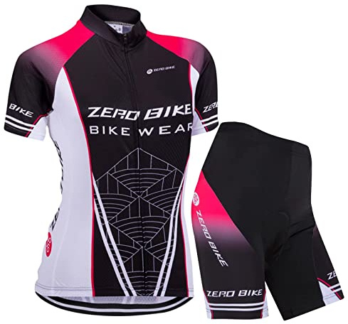 Damen Atmungsaktiv Schnelltrocknend Fahrradtrikot Set, Outdoor Kurzarm Radsport-Shirt + 3D Gel Gepolsterte Kurze Hose Fahrradhose