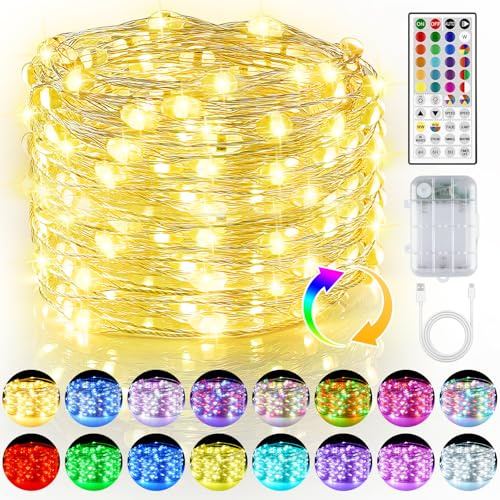 LED Lichterkette Außen Batterie & USB, RGB & Warmweiß LEDs Lichterkette mit Batterie, 5M 50 LED Fairy Lights mit Fernbedienung, Lichterkette Draht Batteriebetrieben für Schlafzimmer Party