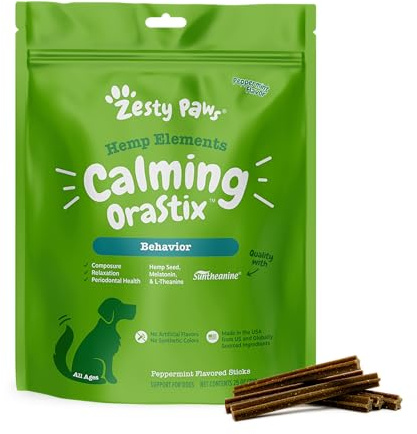 Zesty Paws OraStix for Dogs - Calming Dental Sticks for Stress with Hemp Melatonin Chamomile Dog Healthy Teeth and Gums Calm Composure for Fireworks and Thunderstorms - 25oz